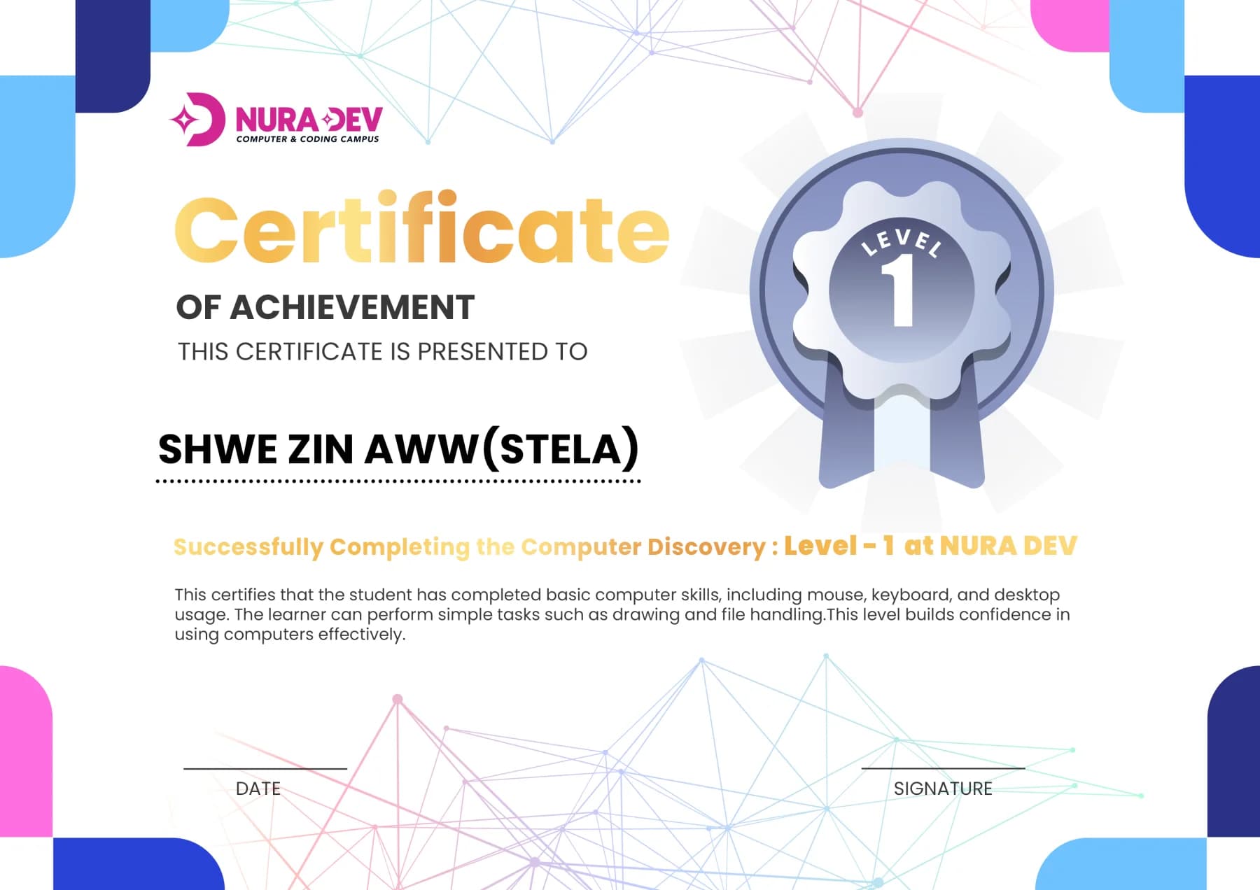 Nura Dev student certificate and classroom outcome preview