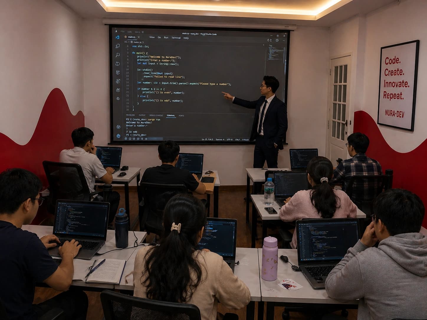Young Nura Dev students learning creative coding and 3D design in the computer lab