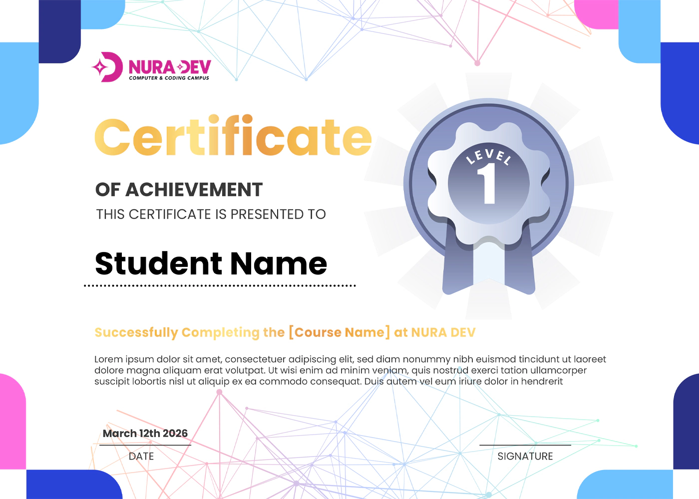 Nura Dev certificate of achievement for completed computer and coding training